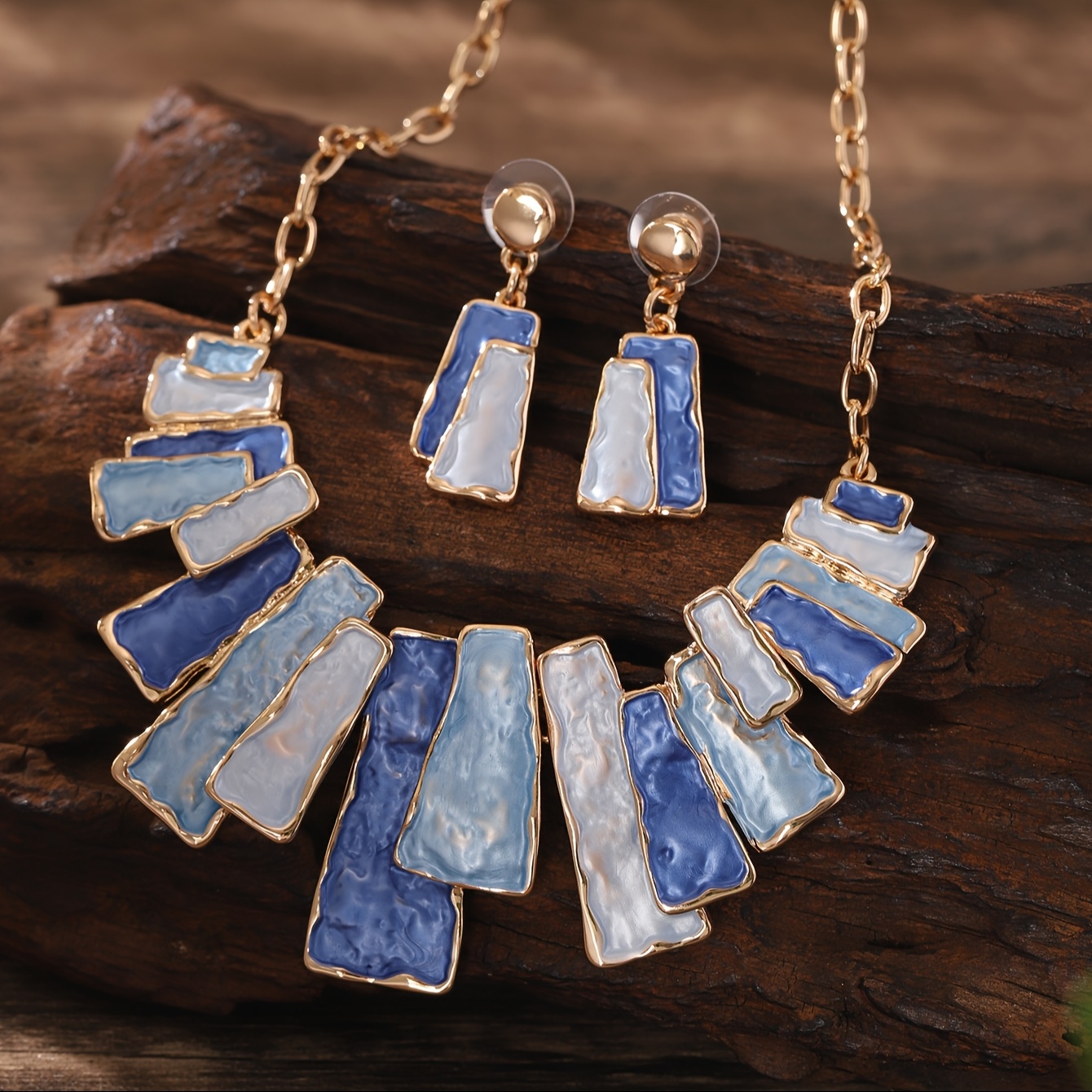 Geometric Japanese Earrings & Khaki Necklace Set